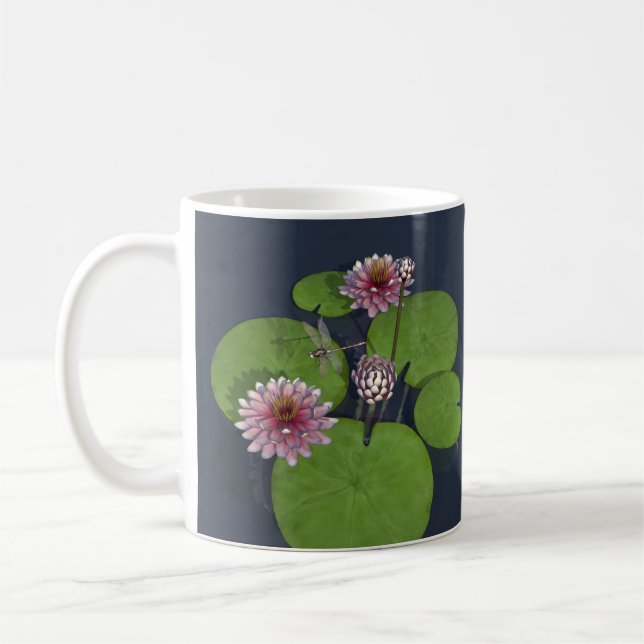 Caneca De Café Bonito Lily e Dragonfly de água rosa (Esquerda)