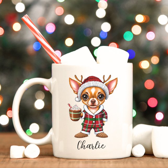 Caneca De Café Bonito Natal Chihuahua com Reindeer Antlers Mug (Chihuahua personalized Christmas mug.)