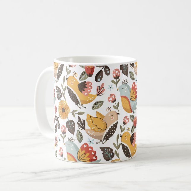 Caneca De Café Bonito Padrão Boêmia de Aves Florais (Frente Esquerda)