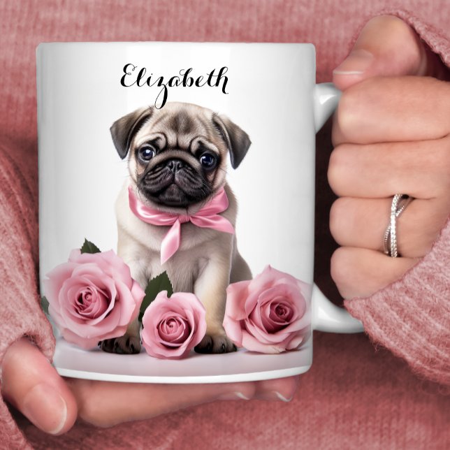 Caneca De Café Bonito Pug Puppy Pink Rosas Personalizadas Cão (Criador carregado)