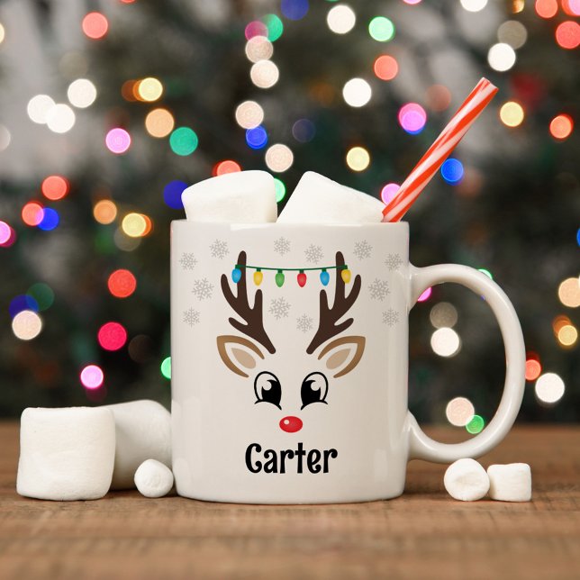 Caneca De Café Bonito Reindeer Menino Luz de Natal Nome Personali (Criador carregado)