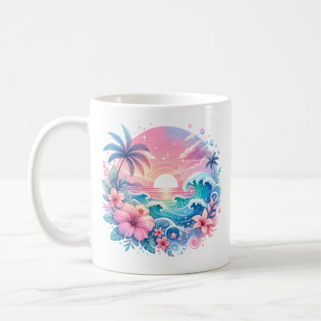 Caneca De Café Bonito rosa e arte costeira azul personalizada (Esquerda)
