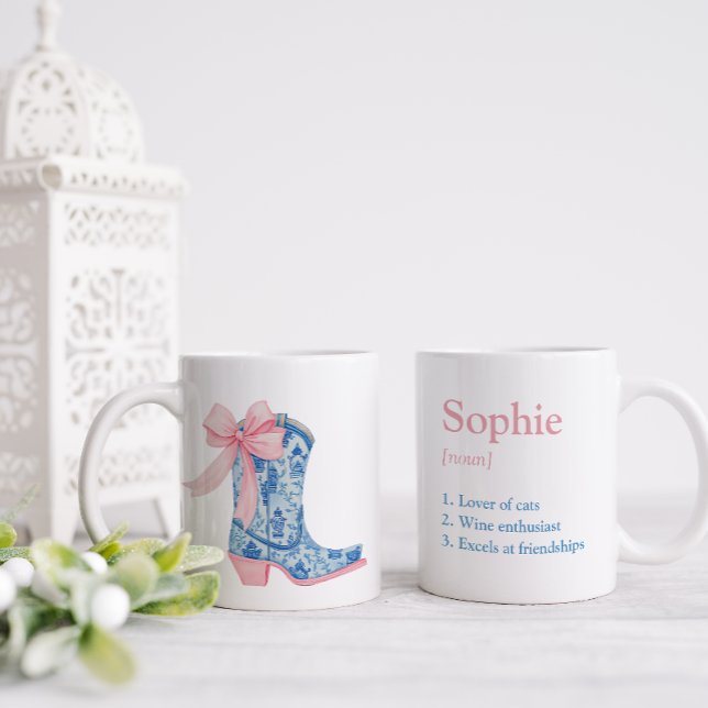 Caneca De Café Bonito Rosa e Azul Chinoiserie Western Boot Amigo (The perfect gift for a female friend combining their name and best characteristics with cute design)