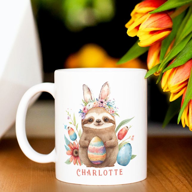 Caneca De Café Bonito Sloth Páscoa Coelho Ovos Nome (Criador carregado)