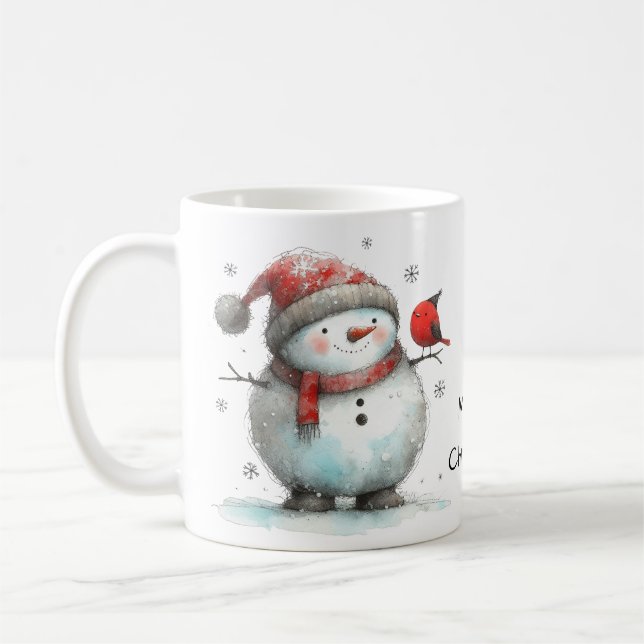 Caneca De Café Bonito Snowman e Pássaro Vermelho Cardeal (Esquerda)