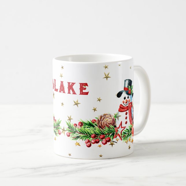 Caneca De Café Bonito Snowman Stars Nome Personalizado Cã de Nata (Frente Esquerda)