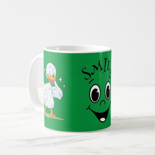Caneca De Café Bonito sorriso com Pato, Crianças Verdes (Frente Esquerda)