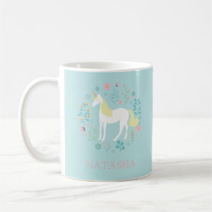 Caneca De Café Bonito Unicórnio e Flores Aqua Personalizados