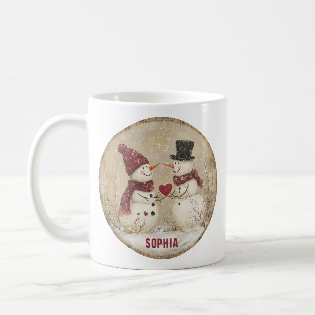 Caneca De Café Bonito Winter Snowman Heart Add Name (Esquerda)
