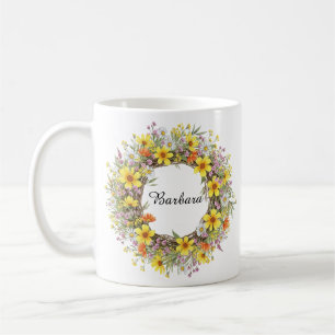Caneca De Café Bonito Yellow Wildflower Wreath Nome personalizado