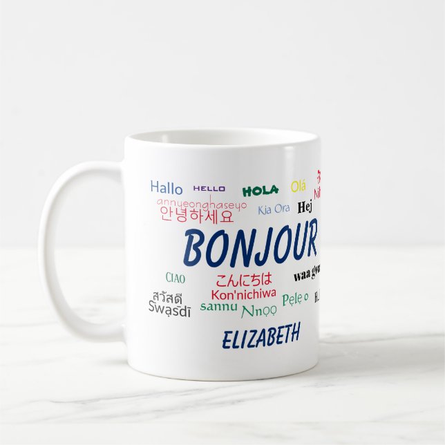 Caneca De Café Bonjour Muitos Idiomas Nome do Viagem (Esquerda)