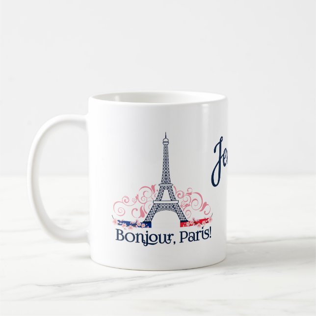 Caneca De Café Bonjour Paris França Nome Personalizado (Esquerda)
