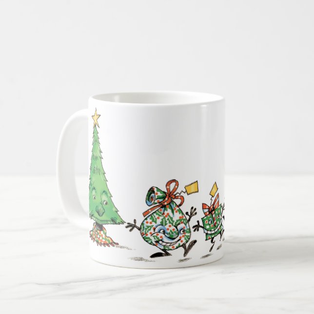 Caneca De Café Bons desenhos Dançando Presentes de Natal e Árvore (Frente Esquerda)