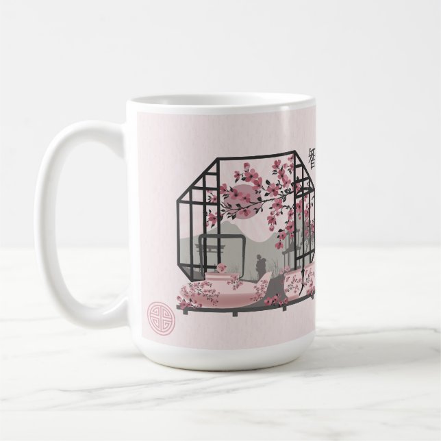 Caneca De Café Bonsai design gráfico asiático de cereja rosa (Esquerda)