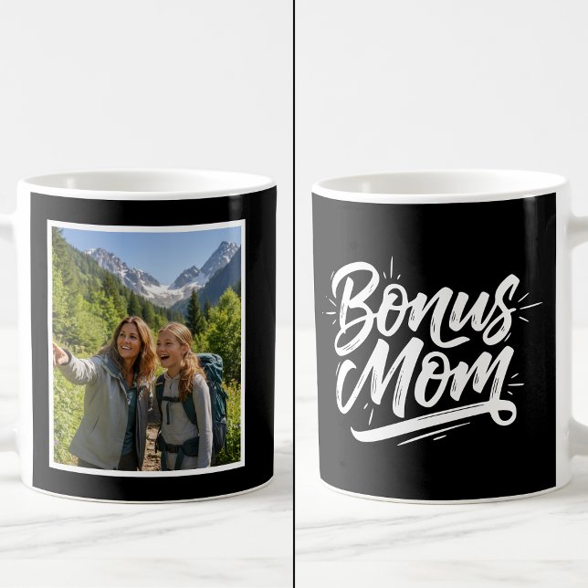 Caneca De Café Bonus Mom Brush Script 1 Custom Photo Black White (Criador carregado)