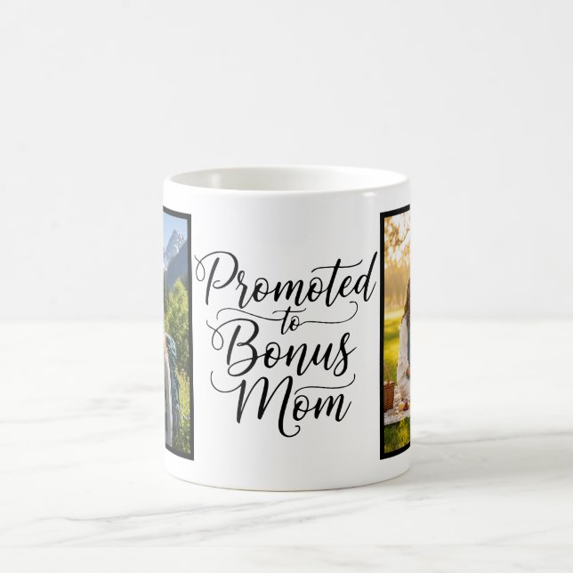 Caneca De Café Bonus Mom Promoted Elegant Cursive Two Photo (Centro)