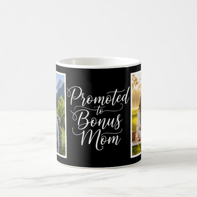Caneca De Café Bonus Mom Promoted Elegant Cursive Two Photo Black (Centro)