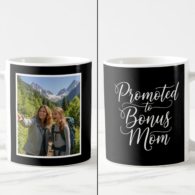 Caneca De Café Bonus Mom Promoted Elegant Custom 1 Photo Black  (Criador carregado)