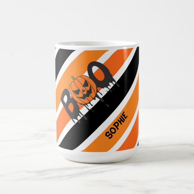 Caneca De Café Boo Halloween Laranja & Black Stripes (Centro)