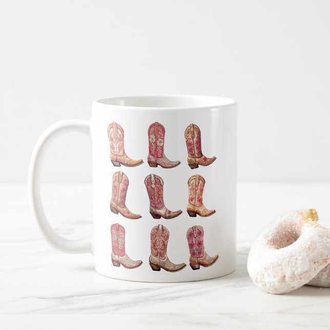 Caneca De Café Boots da Garota Rosa, Floral Ocidental (Com Donut)