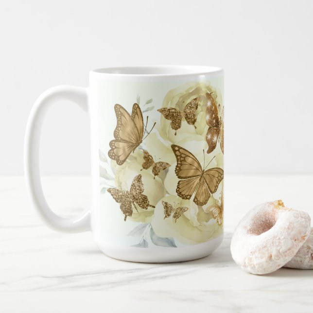 Caneca de café Borboleta Amarela e Dourada (Com Donut)