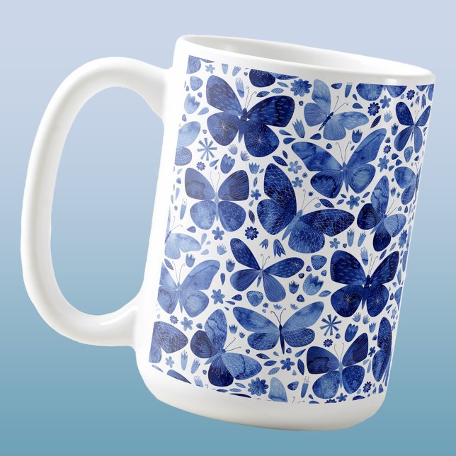 Caneca De Café Borboleta Aquarela Indigo Azul (Blue and white butterfly watercolor coffee mug)