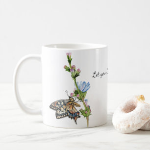 Caneca De Café Borboleta aquosa numa flor de chicória