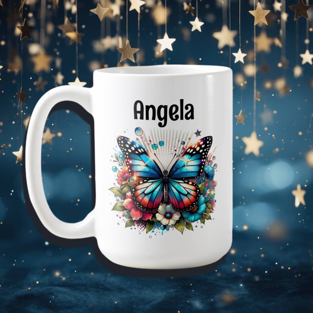Caneca De Café Borboleta Azul bonito e Flores Personalizadas (Criador carregado)