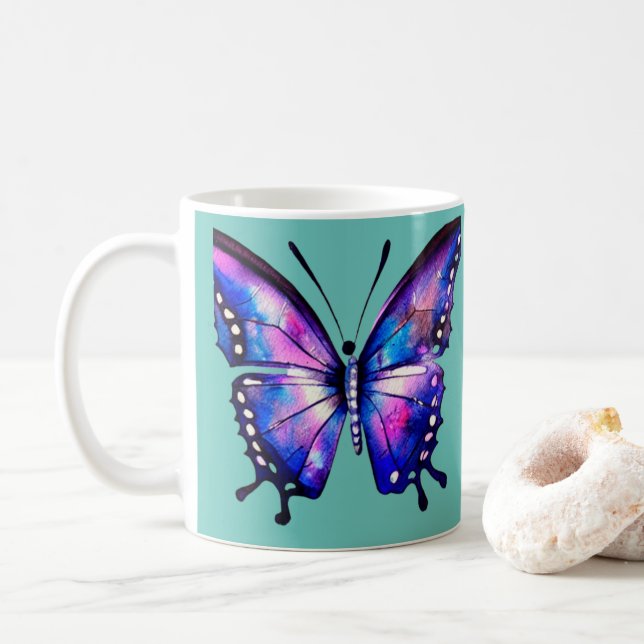 Caneca De Café Borboleta azul e cor-de-água rosa (Com Donut)