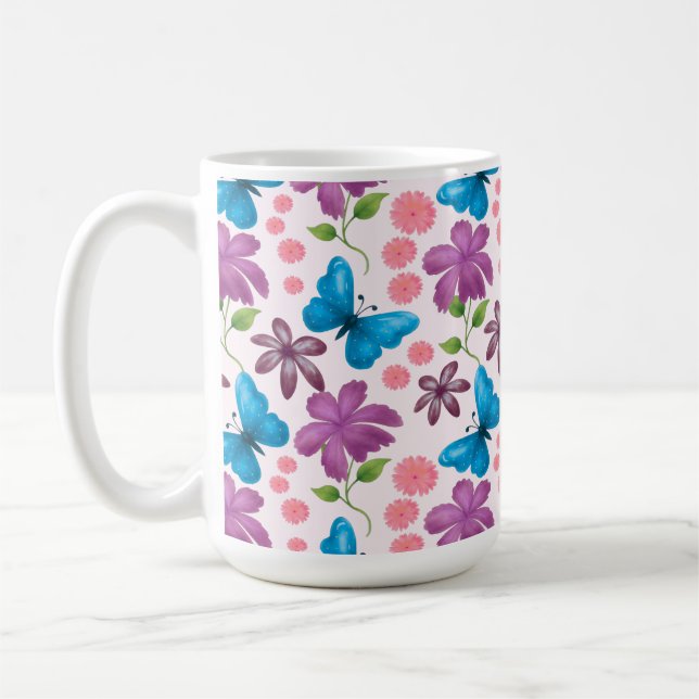 Caneca De Café Borboleta Azul e Padrão Floral Roxo (Esquerda)