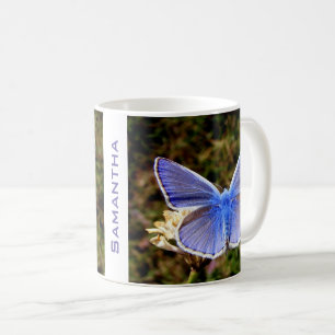 Caneca De Café Borboleta Azul Personalizada na Flor Branca