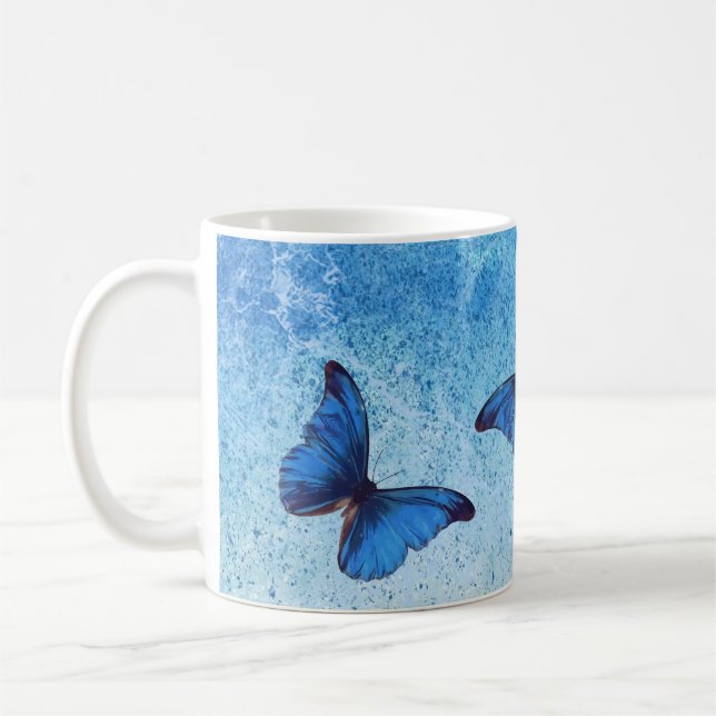 Caneca De Café Borboleta azul-romântica branca e azul-escura (Esquerda)