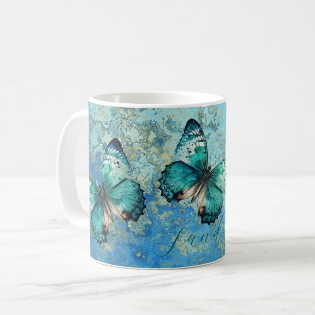 Caneca De Café Borboleta azul-romântica e verde (Frente Esquerda)