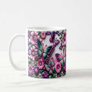 Caneca De Café Borboleta Colorida Arte Floral 3D Jardim de Primav