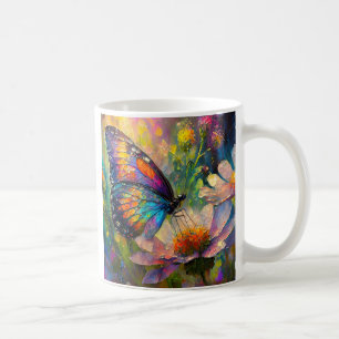 Caneca De Café Borboleta Colorida e Flores Silvestres ao Nascer d