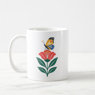 Caneca De Café Borboleta Colorida Em Arte De Flor Vermelha