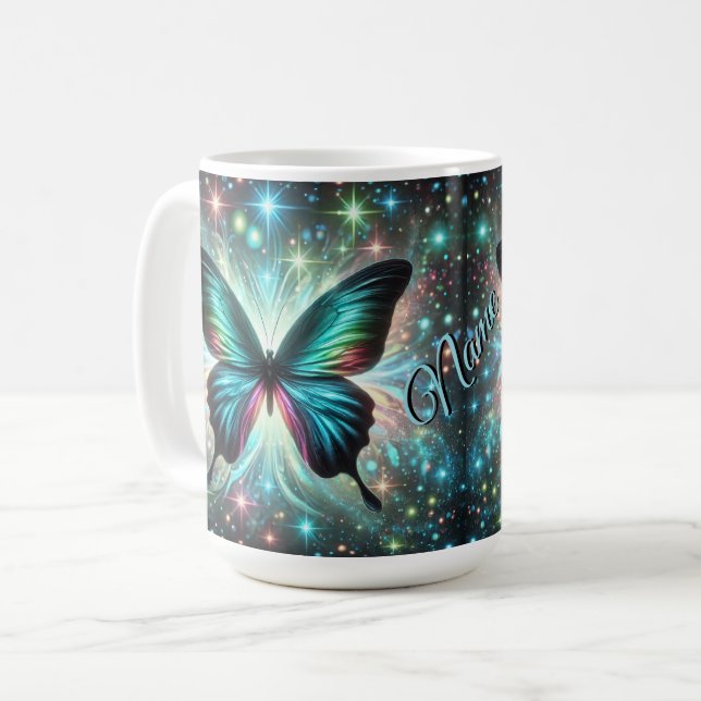 Caneca De Café Borboleta com brilho galáctico e estrelas espumant (Frente Esquerda)
