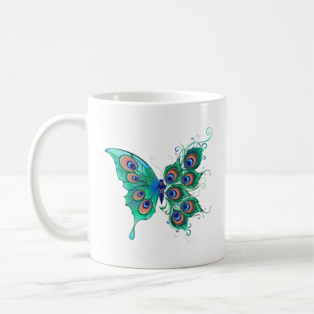 Caneca De Café Borboleta com Penas de Pavão Verde (Esquerda)