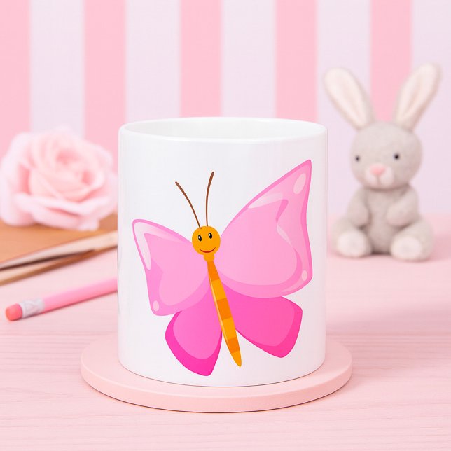 Caneca De Café Borboleta de Cartoon Rosa Adorável (Criador carregado)