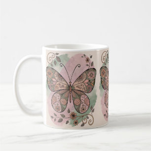 Caneca De Café Borboleta de Colagem Floral Castanha