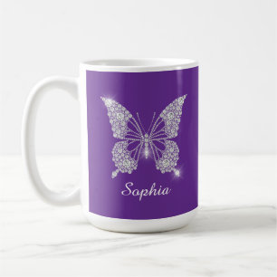 Caneca De Café Borboleta Diamante Branco, Nome da Escritura, Roxo