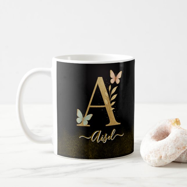 Caneca De Café Borboleta Dourada "A" Monograma Café Mug (Com Donut)