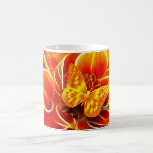 Caneca De Café Borboleta Dourada em Fundo Abstrato Flamejante