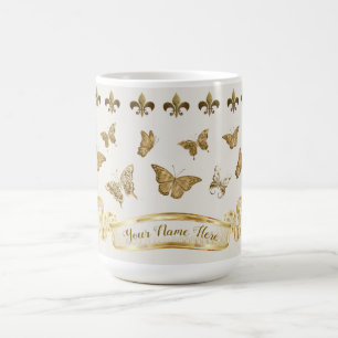 Caneca De Café Borboleta Dourada Personalizada Fleur de Lis 15 oz