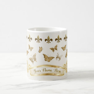 Caneca De Café Borboleta Dourada Personalizada Flor de Lis 325 ml