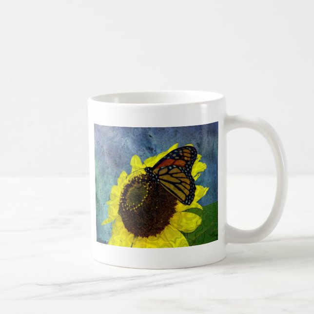 Caneca De Café Borboleta e fundo azul de girassol (Direita)