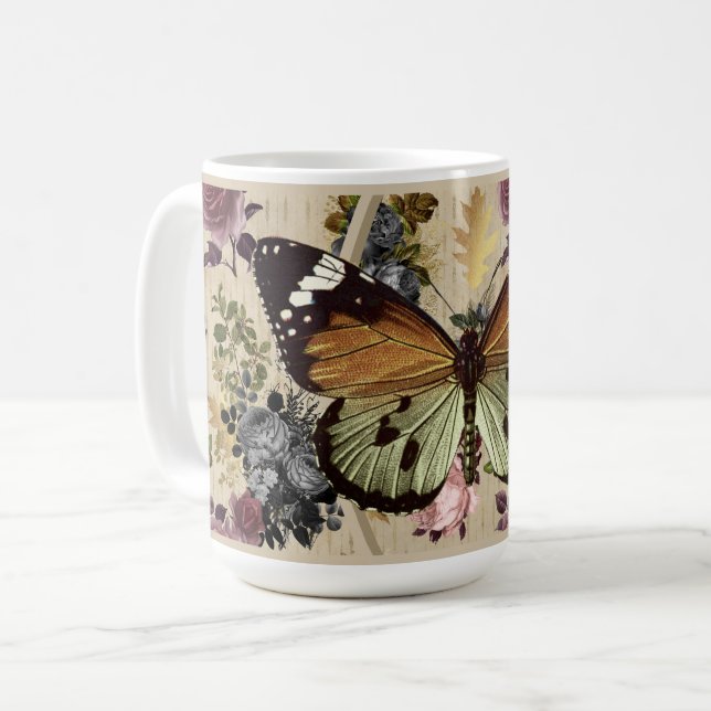 Caneca De Café Borboleta e Rosa (Frente Esquerda)