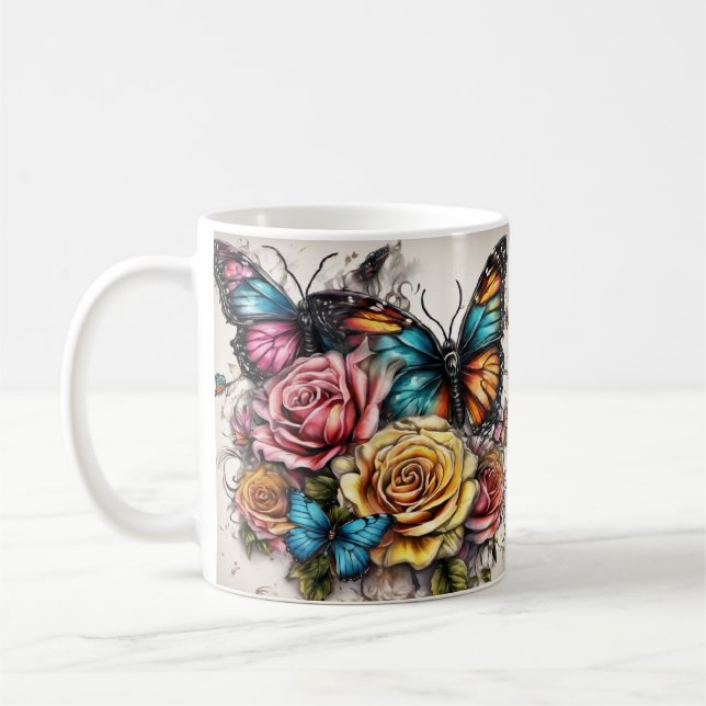 Caneca De Café Borboleta e Rosas (Esquerda)