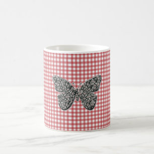 Caneca De Café Borboleta Elegante Em Gingham Vermelho