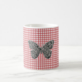 Caneca De Café Borboleta Elegante Em Gingham Vermelho